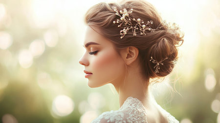 A side profile of a woman with a classic updo, showcasing elegant hairpins, perfect for formal occasions, with a soft-focus background enhancing her grace.の素材