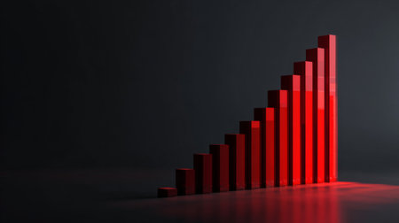 A striking red bar graph stands against a dark background, symbolizing growth and success. This powerful visual emphasizes financial progress and business analytics.の素材
