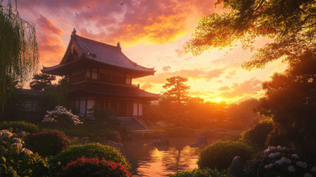 A stunning sunset view of a Japanese house with a traditional roof, silhouetted against the vibrant sky, surrounded by a beautifully manicured garden.の素材