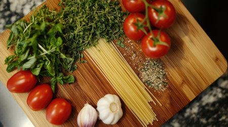 A top-down view of a wooden cutting board with ingredients for spaghetti, including garlic, herbs, and fresh tomatoes, showcasing the preparation of a meal.の素材