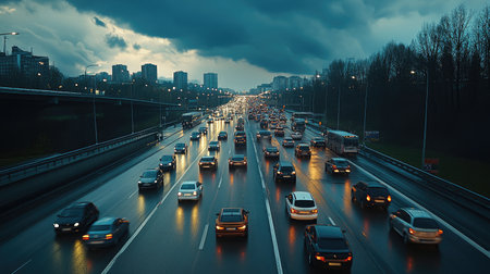 A wide-angle view of a busy motorway filled with cars during rush hour, showcasing the flow of traffic and the dynamic nature of urban commuting.の素材