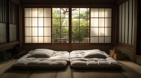 A traditional Japanese bedroom with futons laid out on tatami mats, soft natural light filtering through shoji screens, creating a tranquil and inviting space.の素材