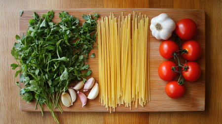 A top-down view of a wooden cutting board with ingredients for spaghetti, including garlic, herbs, and fresh tomatoes, showcasing the preparation of a meal.の素材
