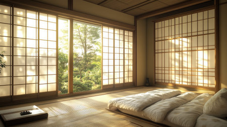 A traditional Japanese bedroom with futons laid out on tatami mats, soft natural light filtering through shoji screens, creating a tranquil and inviting space.の素材