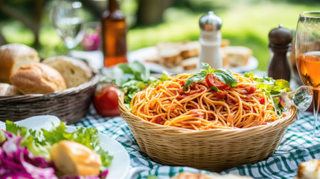 A vibrant outdoor picnic scene featuring a large bowl of spaghetti, fresh bread, and salad, inviting friends to gather and enjoy a meal in nature.の素材