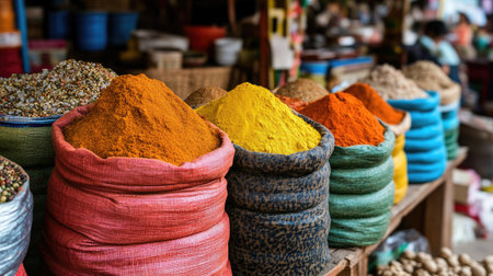 A vibrant market scene showcasing bags of different salts, spices, and seasoning blends, capturing the essence of local food culture.の素材