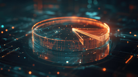 A transparent 3D pie chart floating in space, with digital percentages hovering above each section, surrounded by glowing data streams and network lines.の素材