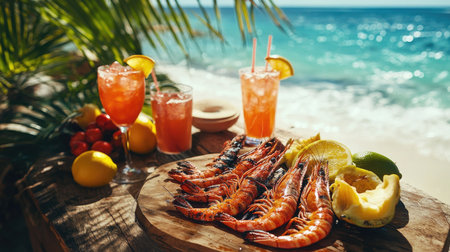 A vibrant beachside dining scene with grilled prawns on a wooden table, surrounded by tropical fruits and refreshing drinks, capturing a perfect summer vibe.の素材