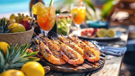 A vibrant beachside dining scene with grilled prawns on a wooden table, surrounded by tropical fruits and refreshing drinks, capturing a perfect summer vibe.の素材