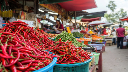 A vibrant outdoor market scene with stalls displaying fresh chilies, spices, and herbs, capturing the lively atmosphere of local food culture.の素材