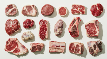 A vibrant display of different meat types, including lamb, beef, and pork, set against a light background, showcasing their rich colors and textures.の素材