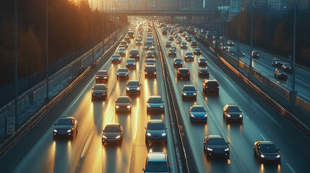 A wide-angle view of a busy motorway filled with cars during rush hour, showcasing the flow of traffic and the dynamic nature of urban commuting.の素材