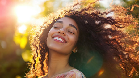 A vibrant image of a woman with curly hair bouncing freely in the wind, embodying joy and freedom, set against a colorful outdoor backdropの素材