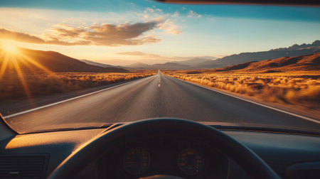 A view from the driver seat during a road trip, capturing a long, open highway surrounded by desert landscapes, with the sky transitioning from day to dusk.の素材