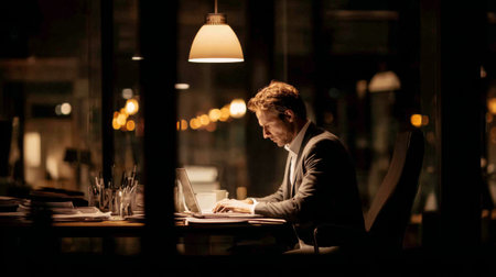 A focused professional man works late at night in a sleek office, illuminated by soft lighting. The scene captures the dedication and calm environment conducive to productivity.の素材