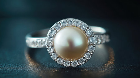 A close-up of a pearl ring set in platinum, the pearl sitting in the center with small diamonds surrounding it, displayed elegantly on a dark background.の素材