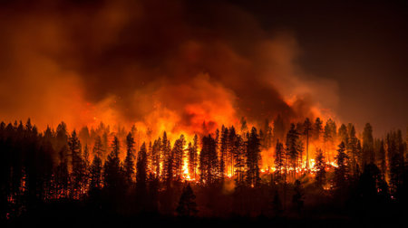 A captivating scene of a forest fire raging at night, showcasing vivid flames and swirling smoke illuminating the dark surroundings amidst towering trees.の素材