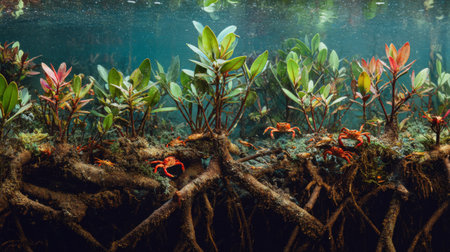 Experience a captivating underwater scene showcasing colorful crabs among lush mangrove roots, surrounded by vibrant greenery, highlighting nature's beauty and diversity.の素材