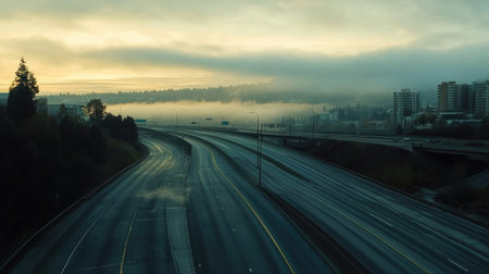 A serene early morning shot of an empty expressway, with mist rising and the sun just beginning to rise, creating a calm atmosphere before the day starts.の素材