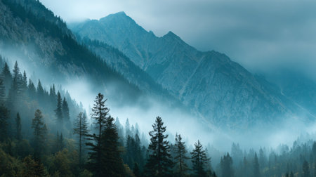 A breathtaking view of misty mountains in a quiet forest, showcasing majestic peaks and silhouettes of pine trees enveloped in ethereal fog at dawn.の素材
