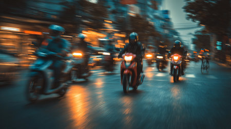 Captivating image of motorcycles navigating a bustling urban street during twilight, showcasing a blend of motion blur and vibrant city lights, embodying city life.の素材