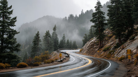 A breathtaking view of a winding road surrounded by lush pine trees and shrouded in mist. Perfect for evoking a sense of adventure in nature.の素材