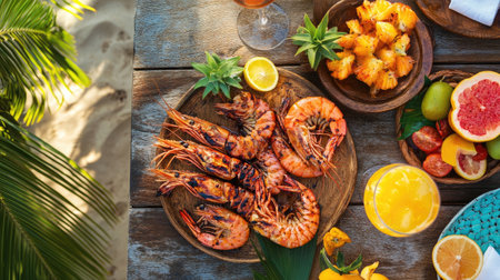 A vibrant beachside dining scene with grilled prawns on a wooden table, surrounded by tropical fruits and refreshing drinks, capturing a perfect summer vibe.の素材