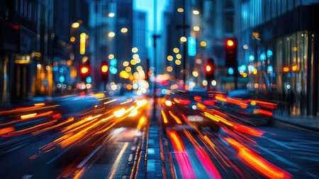 A time-lapse image showing the sequence of traffic lights changing, with blurred car lights illustrating the flow of traffic in a bustling city.の素材