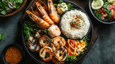 A top-down view of a seafood platter featuring grilled prawns, calamari, and sides of rice and salad, beautifully arranged for a mouth-watering presentation.の素材