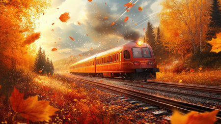 A vibrant image of a train passing through a colorful autumn landscape, with leaves falling around the tracks, creating a warm, seasonal atmosphereの素材