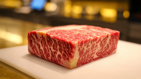 A vibrant premium Wagyu beef cut displays exquisite marbling, captured in a gourmet kitchen setting. Perfect for culinary enthusiasts and food lovers.の素材