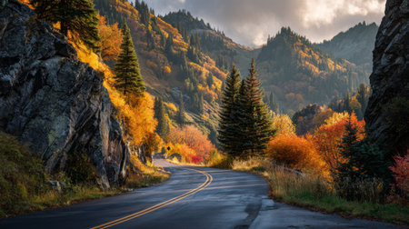 Experience the breathtaking beauty of a winding mountain road embraced by vibrant autumn foliage and majestic peaks under a dramatic sky, inviting exploration and serenity.の素材