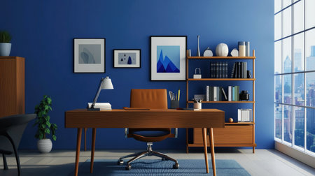 An elegant home office setup with a minimalistic desk, ergonomic chair, and decorative items, showcasing a cozy yet productive atmosphere.の素材