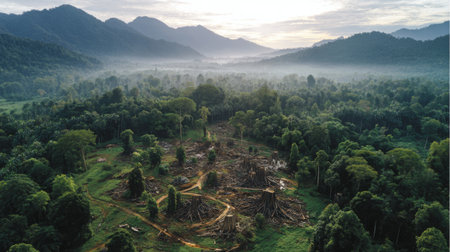 This aerial image captures the stark contrast between lush greenery and areas cleared for logging, highlighting the urgent need for environmental conservation awareness.の素材