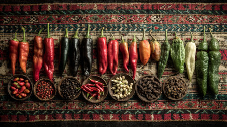 A vibrant and fresh assortment of peppers and spices arranged on a traditional textile, showcasing the rich colors and textures of natural ingredients for inspiring culinary craftsmanship.の素材