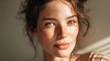 Captivating portrait of a young woman with freckles, wavy hair, and soft sunlight illuminating her features, creating a serene and warm atmosphere indoors.の素材