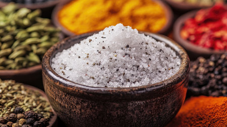 An elegant close-up of a ceramic salt dish filled with coarse salt, set against a backdrop of colorful spices, highlighting the variety of flavors in cooking.の素材