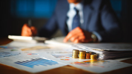 A focused business professional engages with financial documents and coins on a table, highlighting investment opportunities and strategic growth in a corporate environment.の素材