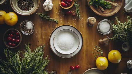 An overhead view of a beautifully set dining table featuring a salt cellar and fresh ingredients, highlighting the role of seasoning in meal preparation.の素材