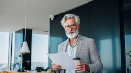 A distinguished elderly man with gray hair and glasses, holding a document while savoring his coffee in a modern office space, showing a focused and thoughtful demeanor.の素材