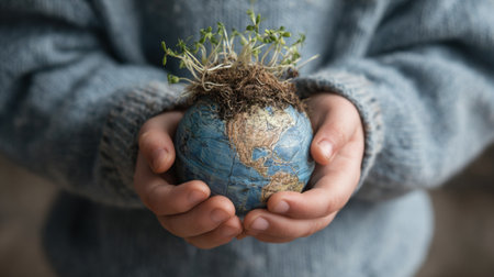 A heartwarming image of hands cradling a miniature earth adorned with green plants and soil, highlighting the importance of environmental care and sustainability.の素材
