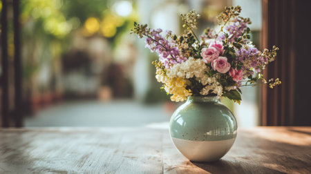 A charming floral arrangement in a simple vase set on a rustic wooden table. The serene outdoor ambiance enhances the beauty of the fresh blooms.の素材