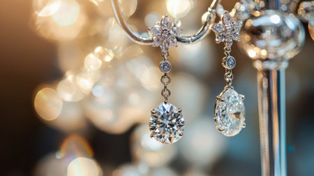 Beautiful diamond earrings hanging from a polished silver jewelry stand, with light refracting through the gems, creating a luxurious and elegant scene.の素材