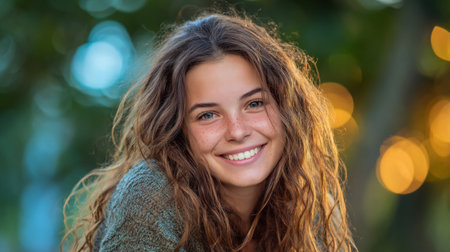 A radiant and joyful young woman with curly hair smiles warmly in a serene outdoor setting, surrounded by lush greenery and soft, warm light creating a cheerful ambiance.の素材
