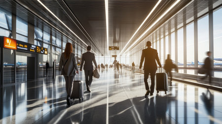 Travelers pulling luggage through a modern airport terminal, with sleek design elements and directional signs visible, heading toward their departure gate.の素材