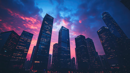 An evening shot of skyscrapers illuminated against the twilight sky, with clouds softly illuminated by city lights, creating a serene yet vibrant urban scene.の素材