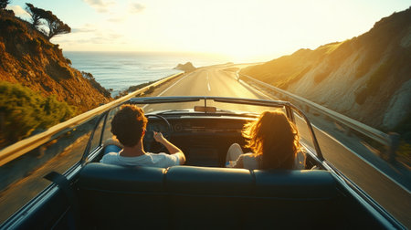 Friends enjoying a road trip, captured from the backseat of a car as they drive along a coastal highway with an open sunroof and ocean views.の素材