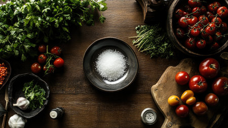 An overhead view of a beautifully set dining table featuring a salt cellar and fresh ingredients, highlighting the role of seasoning in meal preparation.の素材