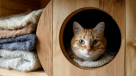 A gentle orange cat peeks out from its cozy wooden hideaway, framed by soft blankets. This heartwarming scene showcases the peaceful ambiance of a domestic environment.の素材