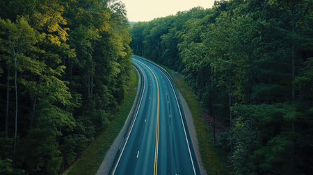 An elevated view of a scenic expressway cutting through a forested area, with trees lining the road, showcasing the beauty of nature along the route.の素材